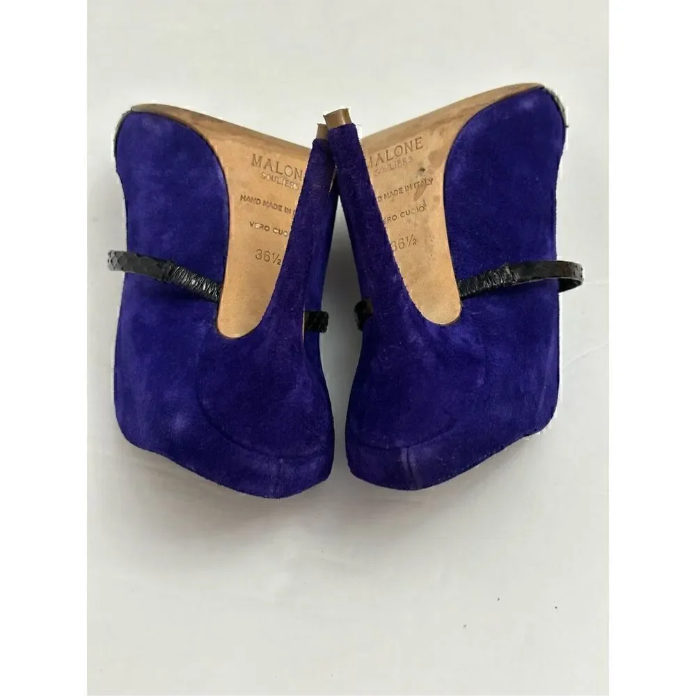 MALONE SOULIERS Maureen  Suede Black Leather Slide Pointed Toe Pump Heels